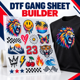 DTF gang sheet builder with colorful transfers and printed black T-shirt