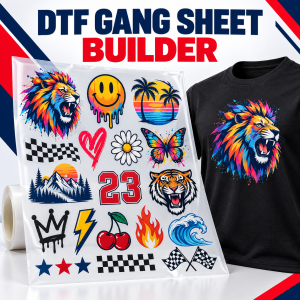 DTF gang sheet builder with colorful transfers and printed black T-shirt
